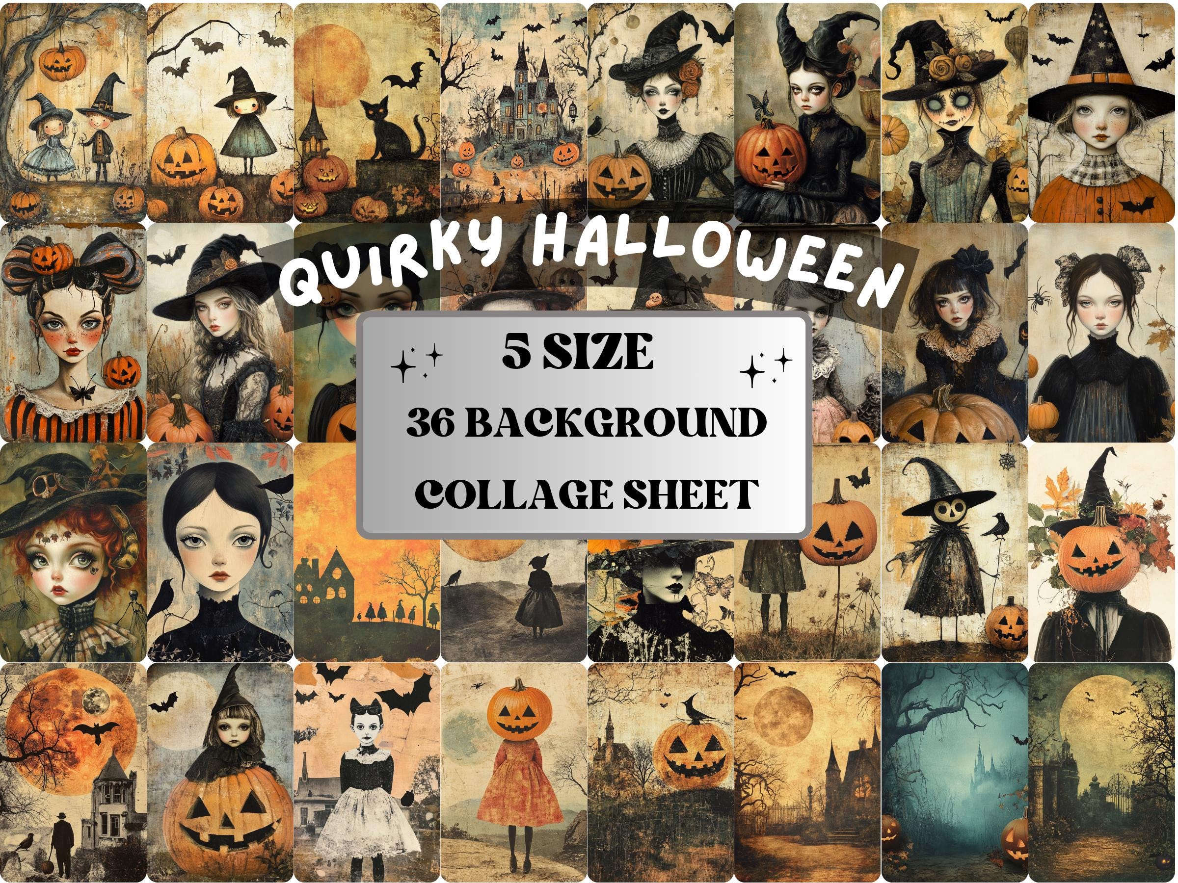 Quirky Halloween Collage Paper, Surreal Halloween Mixed Media Sheet, Whimsical Ephemera Images, Quirky Junk Journal, Spooky Scrapbook Paper