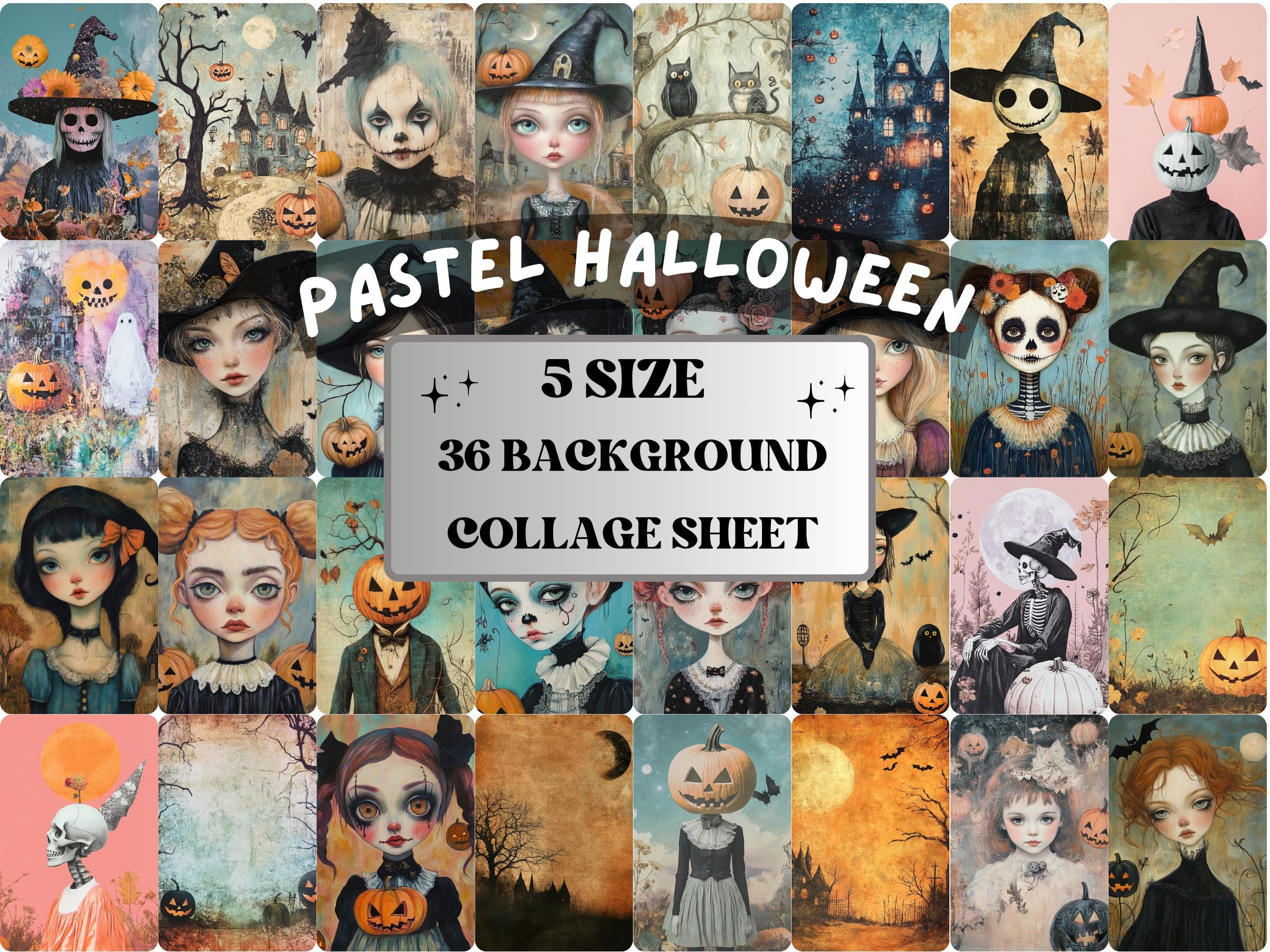 Pastel Halloween Collage Paper, Quirky Pastelloween Mixed Media Sheet, Whimsical Ephemera Images, Whimsy Journal, Creepy Scrapbook Paper