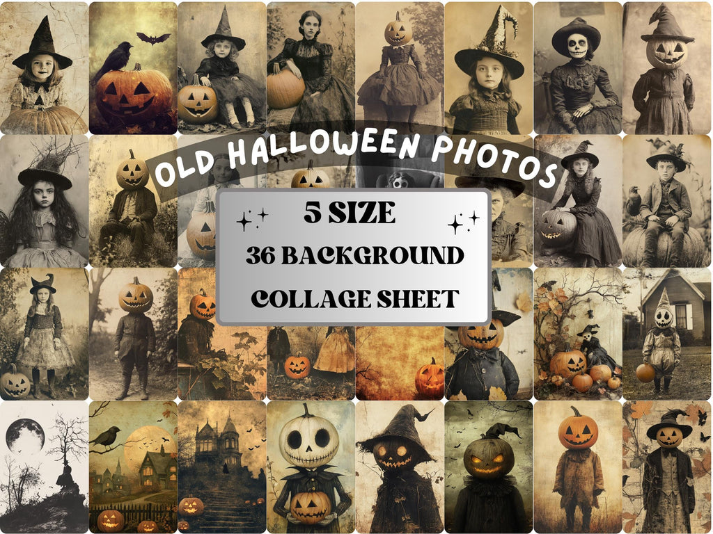 Old Halloween Photos Collage Paper, Vintage Halloween Mixed Media Sheet, Creepy Ephemera Images, Quirky Junk Journal, Spooky Scrapbook Paper