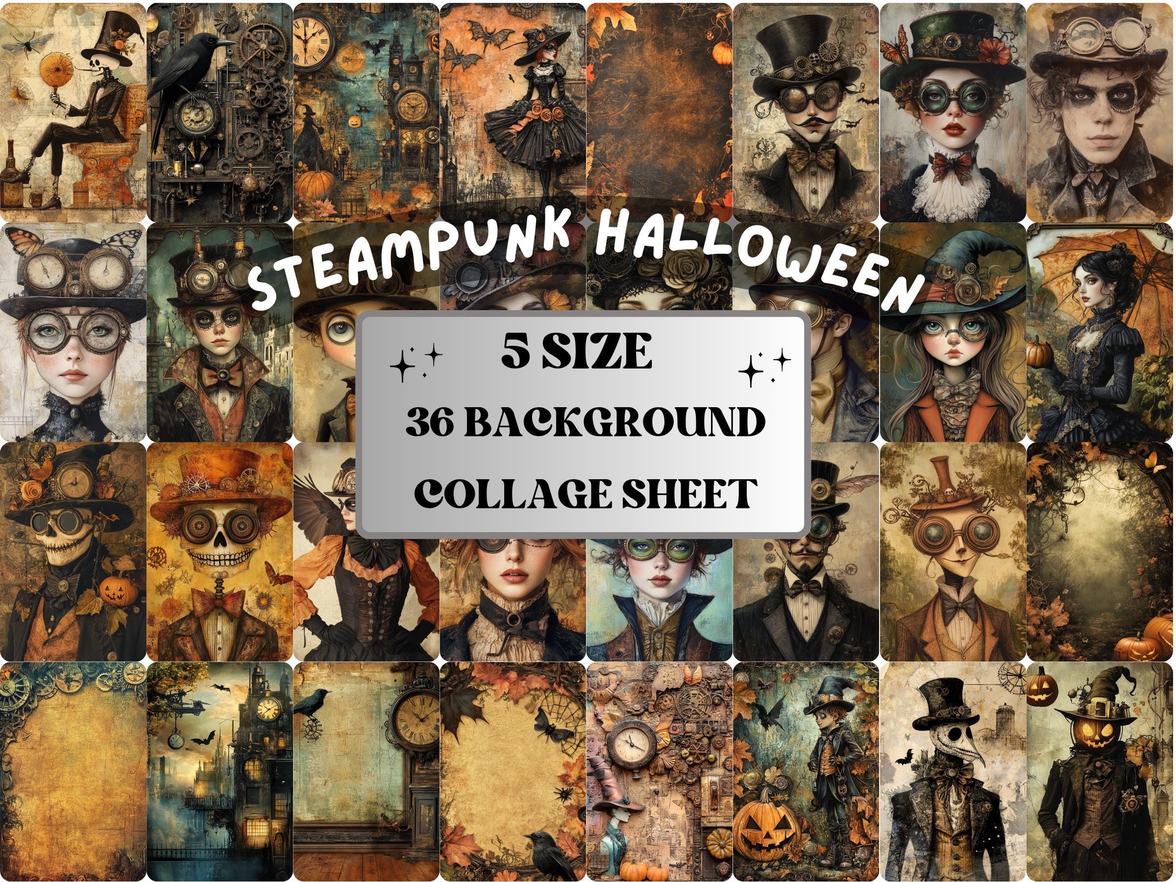 Steampunk Halloween Collage Paper, Industrial Halloween Mixed Media Sheet, Whimsical Ephemera Images, Quirky Journal, Spooky Scrapbook Paper