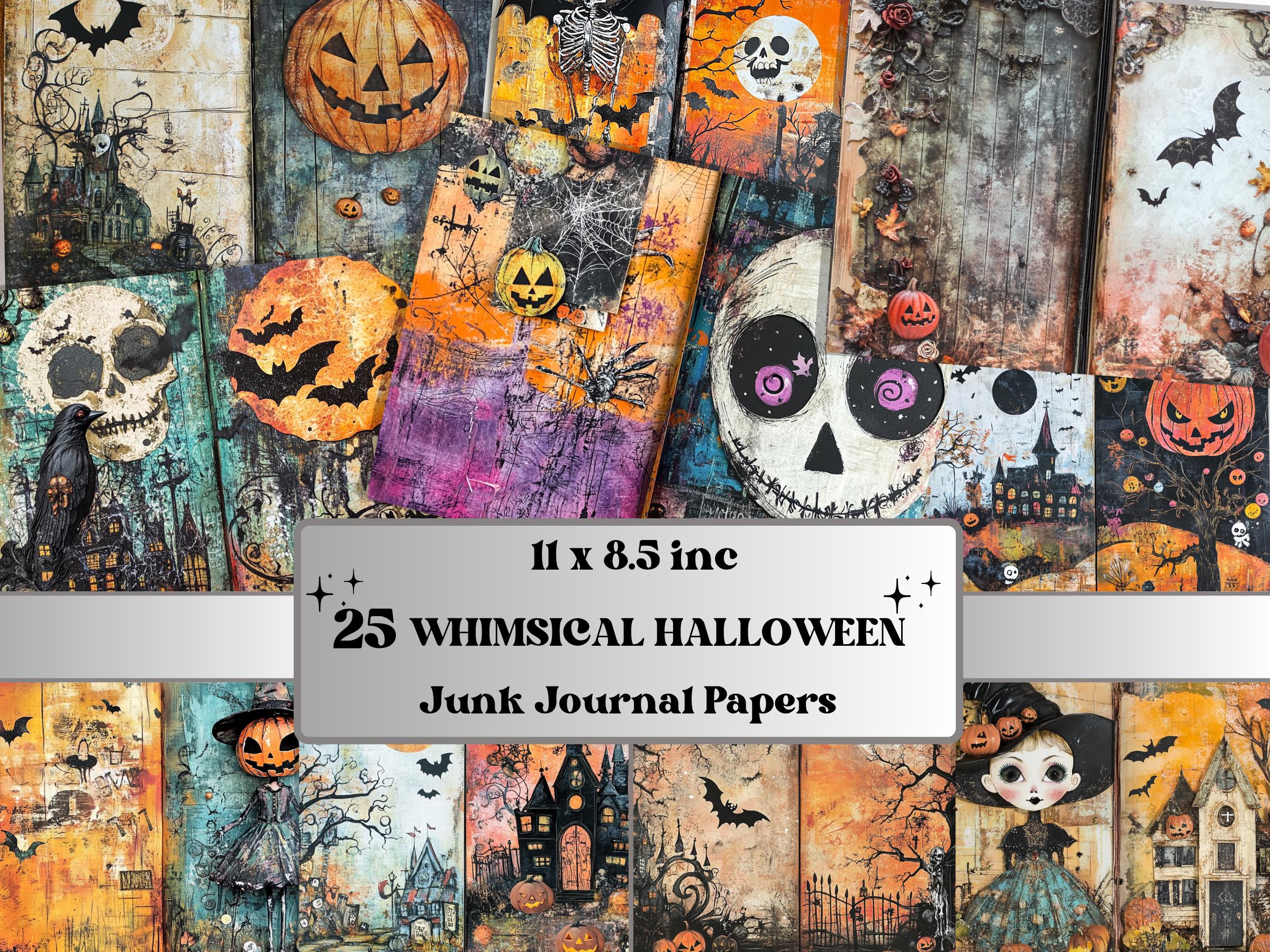 Whimsical Halloween Mixed Media Paper, Creepy Double Pages Ephemera Kit, Halloween Collage Scrapbook Paper, Printable Horizontal Pages
