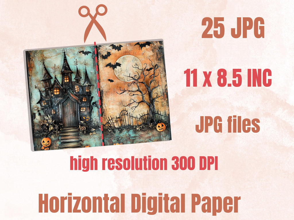 Whimsical Halloween Mixed Media Paper, Creepy Double Pages Ephemera Kit, Halloween Collage Scrapbook Paper, Printable Horizontal Pages