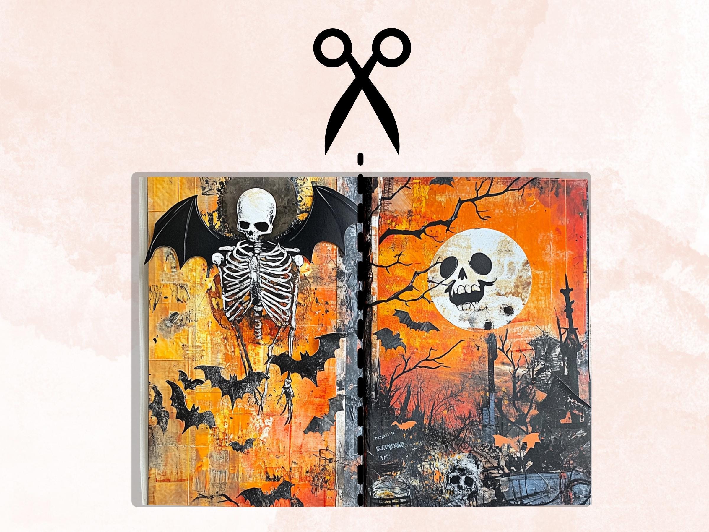 Whimsical Halloween Mixed Media Paper, Creepy Double Pages Ephemera Kit, Halloween Collage Scrapbook Paper, Printable Horizontal Pages