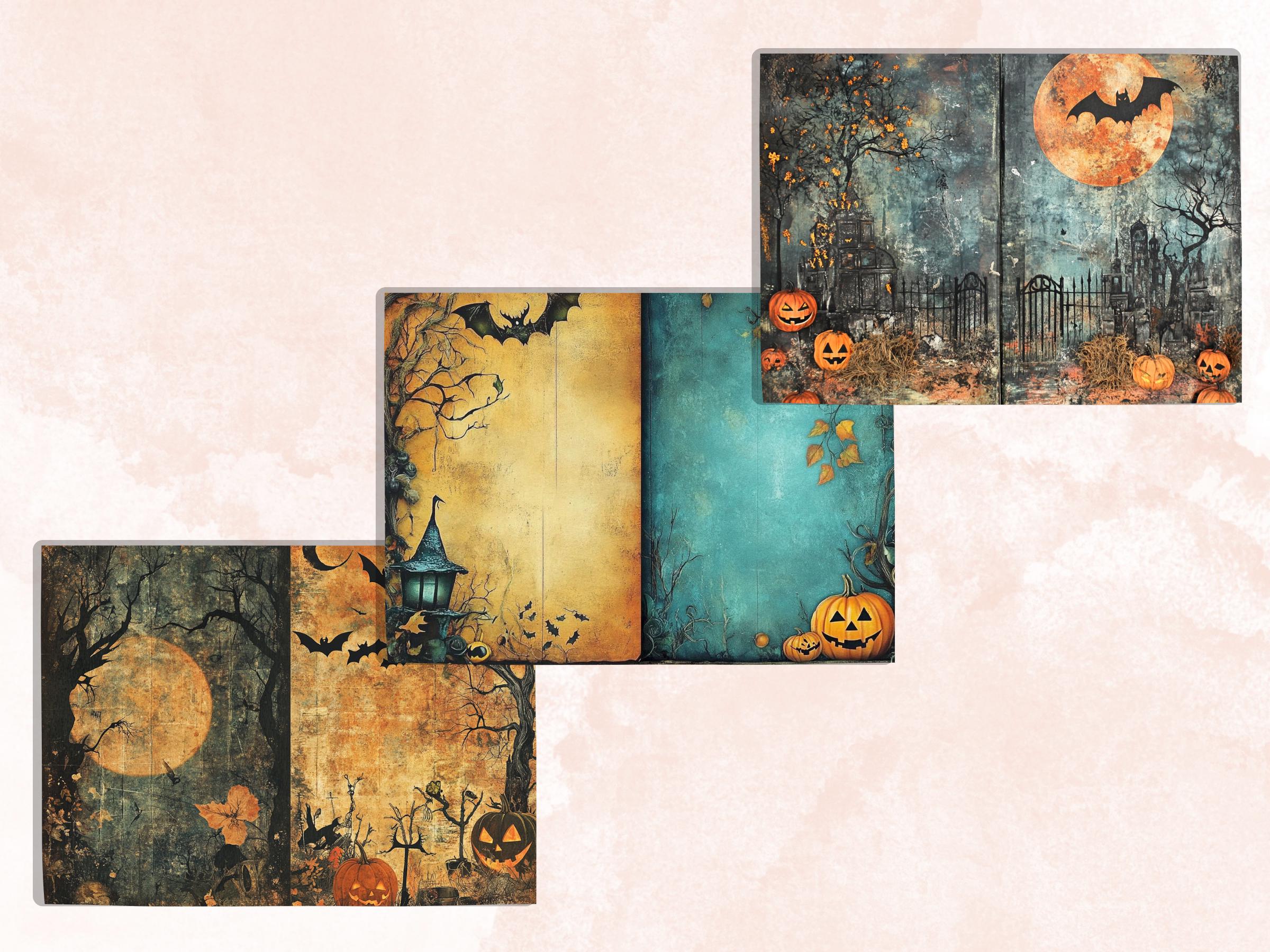 Whimsical Halloween Mixed Media Paper, Creepy Double Pages Ephemera Kit, Halloween Collage Scrapbook Paper, Printable Horizontal Pages