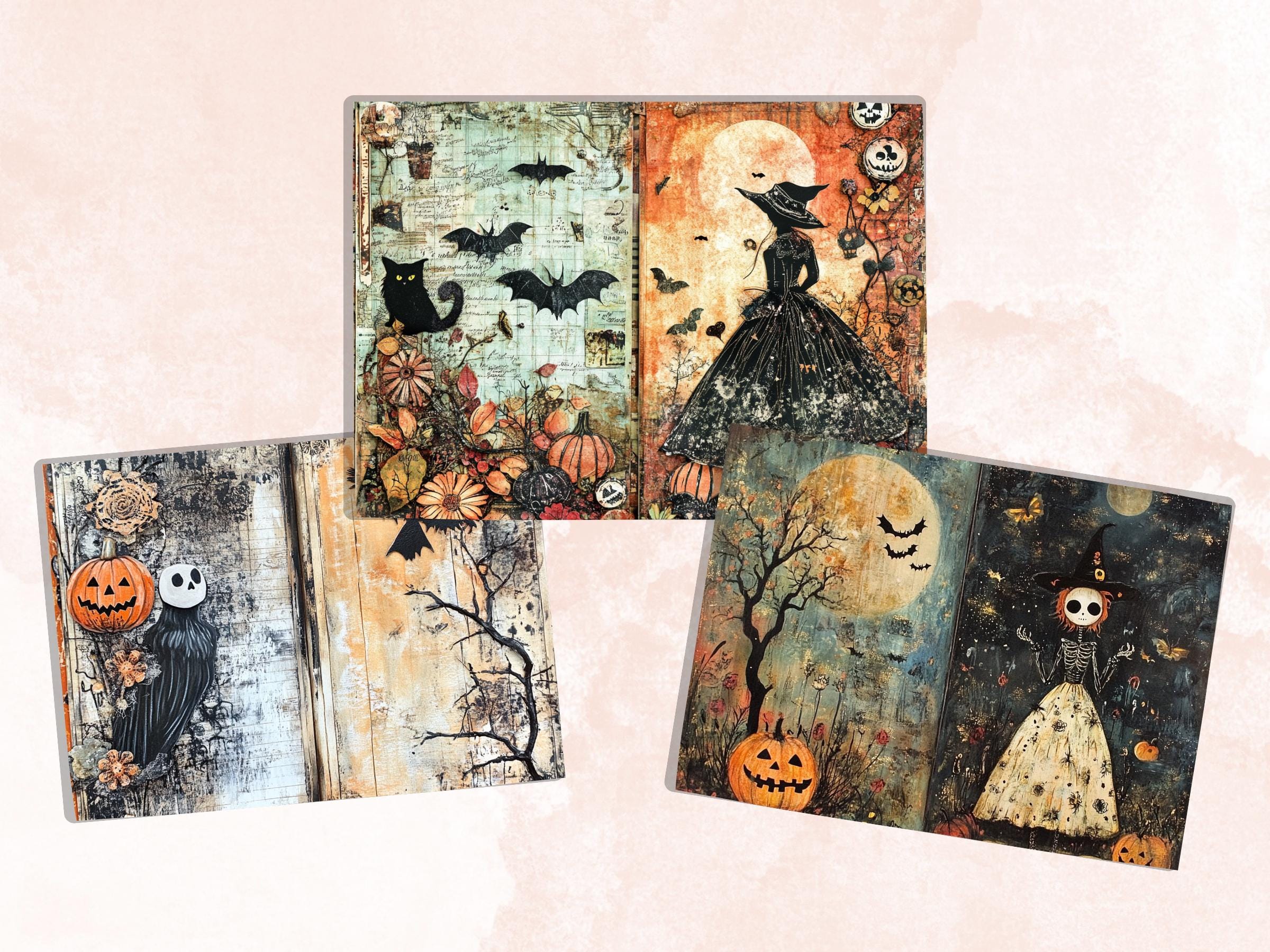Whimsical Halloween Mixed Media Paper, Creepy Double Pages Ephemera Kit, Halloween Collage Scrapbook Paper, Printable Horizontal Pages