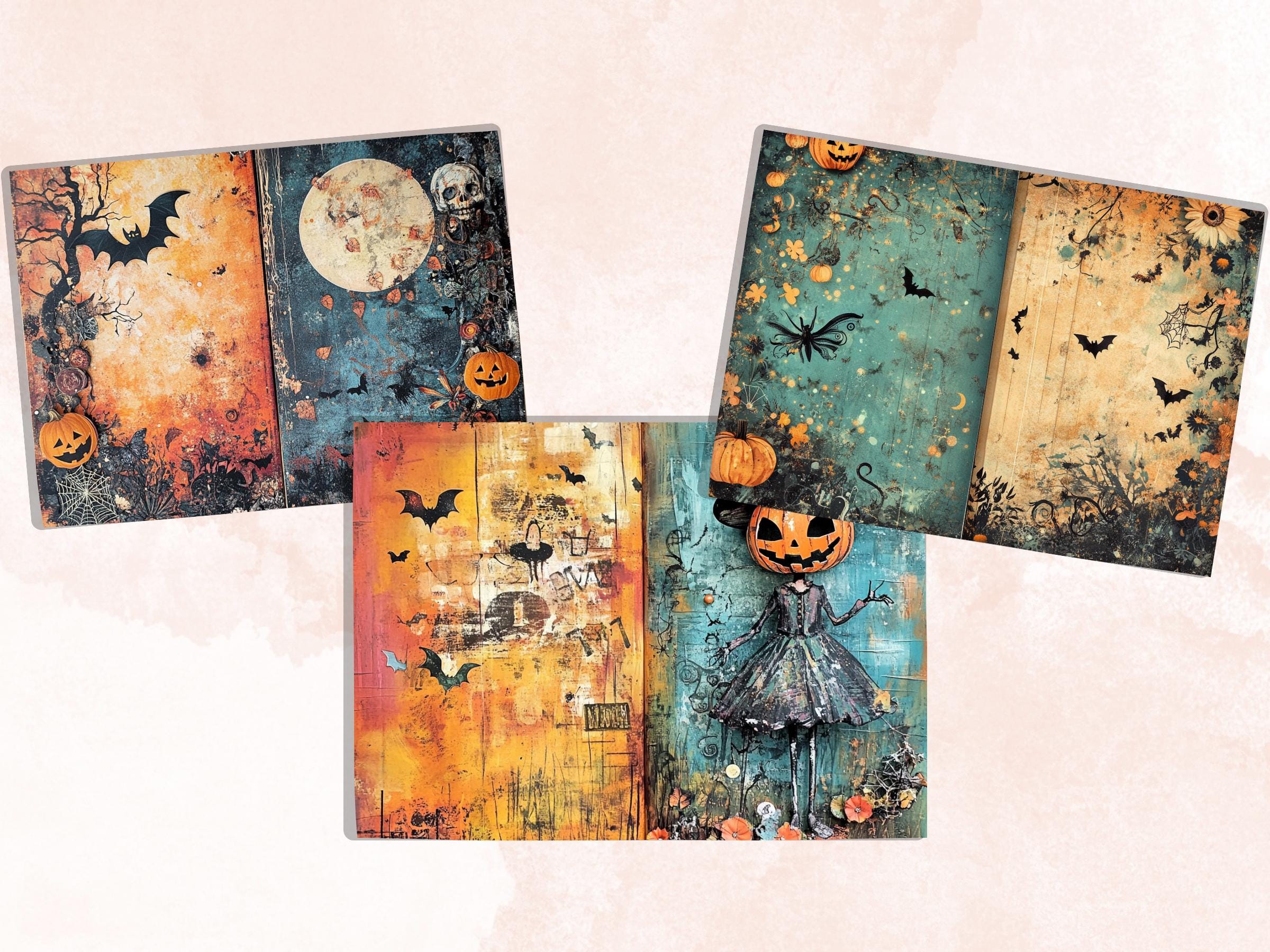 Whimsical Halloween Mixed Media Paper, Creepy Double Pages Ephemera Kit, Halloween Collage Scrapbook Paper, Printable Horizontal Pages