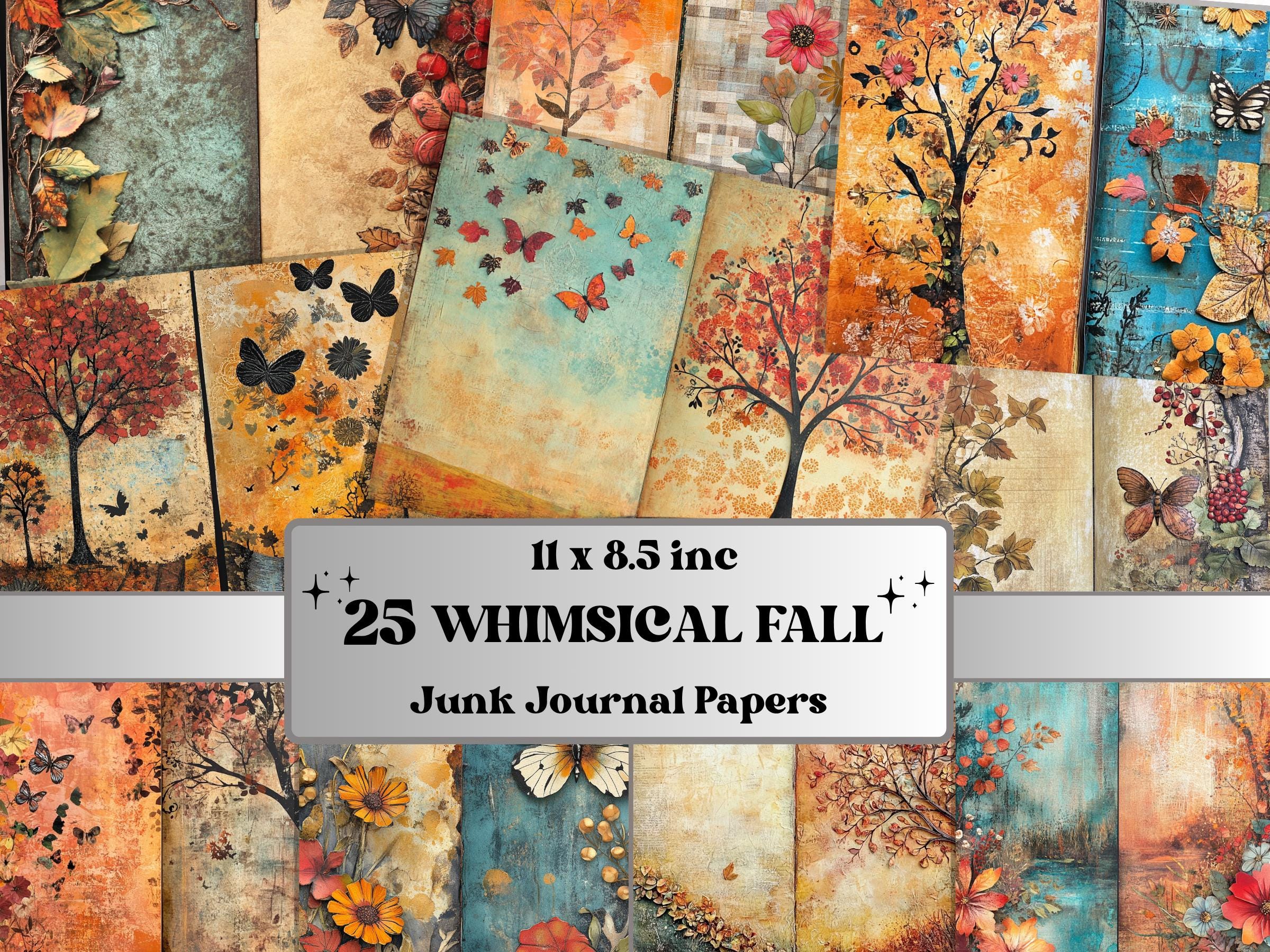 Whimsical Fall Mixed Media Paper, Autumn Forest Pages Ephemera Kit, Fantasy Fall Collage Scrapbook Paper, Printable Autumn Horizontal Pages