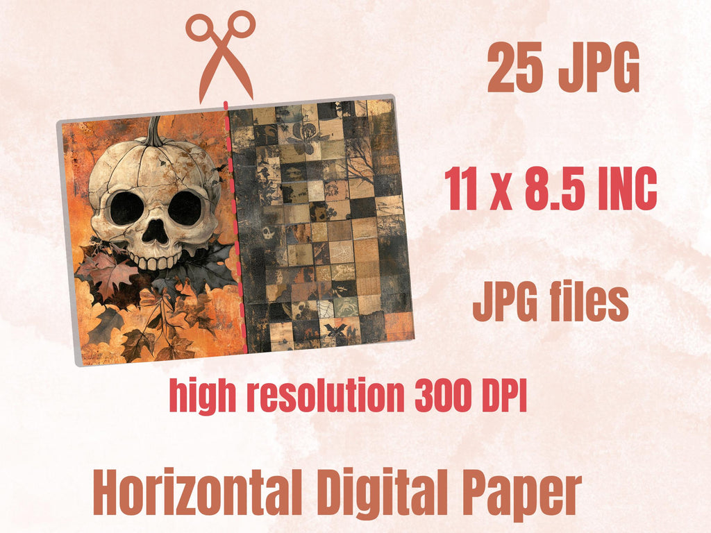 Halloween Patchwork Mixed Media Paper, Whimsical Double Pages Ephemera Kit, Halloween Collage Scrapbook Paper, Printable Horizontal Pages