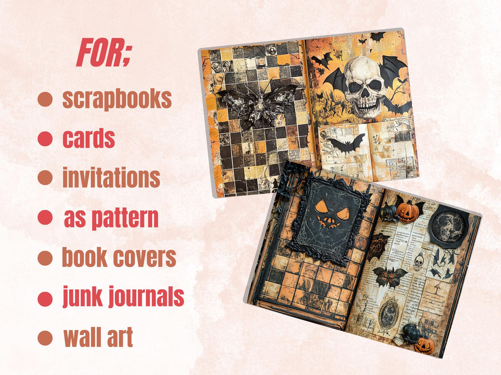 Halloween Patchwork Mixed Media Paper, Whimsical Double Pages Ephemera Kit, Halloween Collage Scrapbook Paper, Printable Horizontal Pages