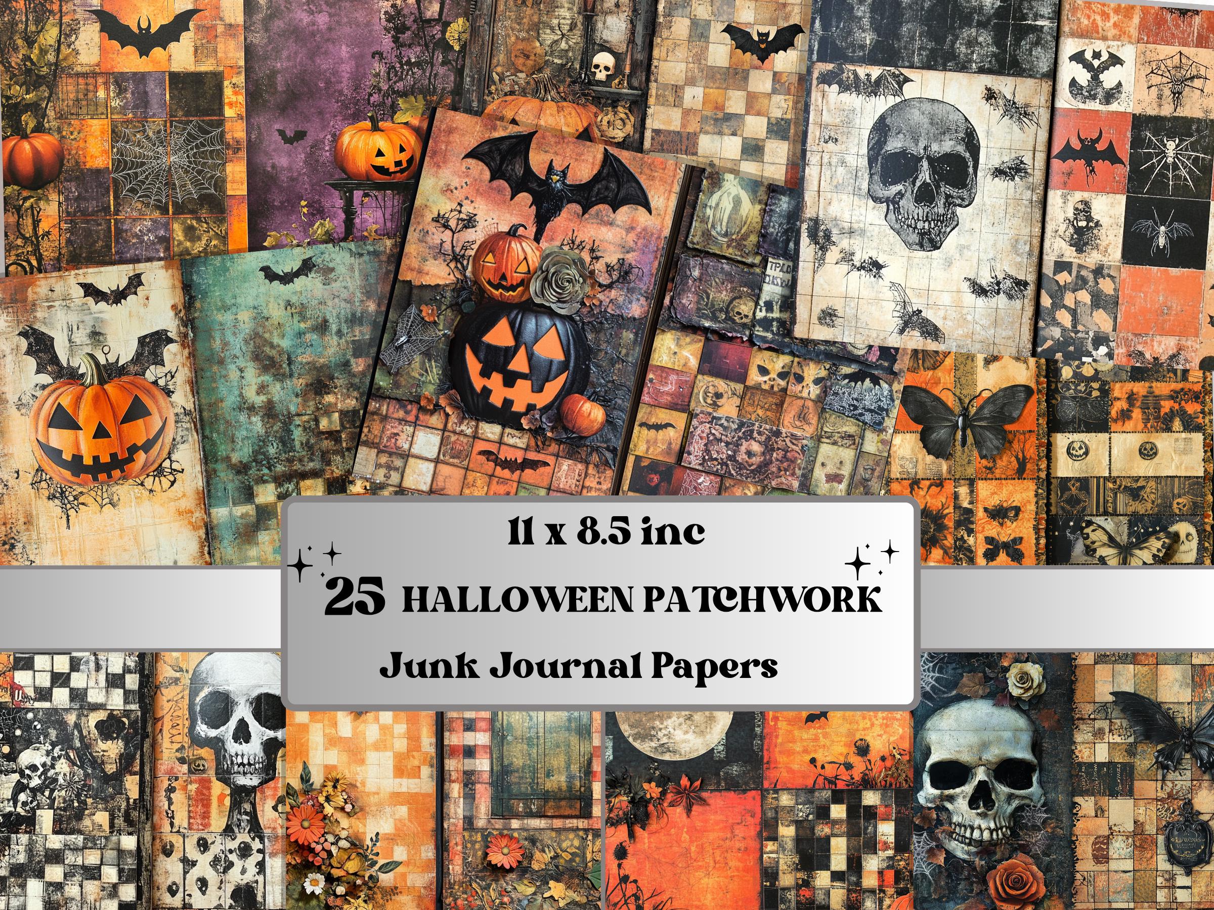 Halloween Patchwork Mixed Media Paper, Whimsical Double Pages Ephemera Kit, Halloween Collage Scrapbook Paper, Printable Horizontal Pages