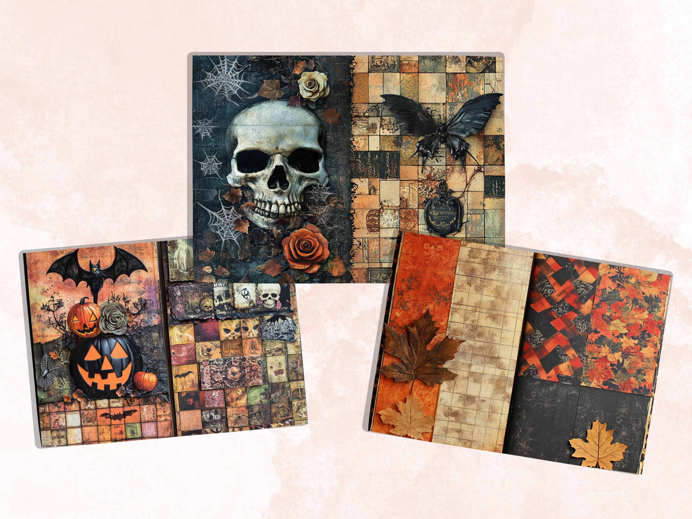Halloween Patchwork Mixed Media Paper, Whimsical Double Pages Ephemera Kit, Halloween Collage Scrapbook Paper, Printable Horizontal Pages