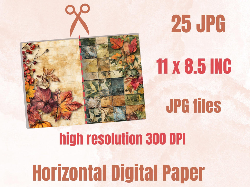 Fall Patchwork Mixed Media Paper, Autumn Forest Pages Ephemera Kit, Fall Textures Collage Scrapbook Paper, Printable Autumn Horizontal Pages