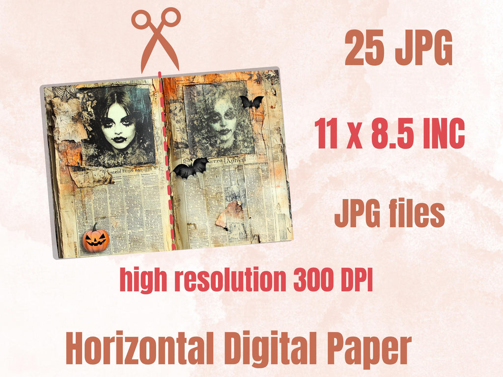 Halloween Newspaper Mixed Media Paper, Spooky Double Pages Ephemera Kit, Halloween Collage Scrapbook Paper, Printable Horizontal Pages