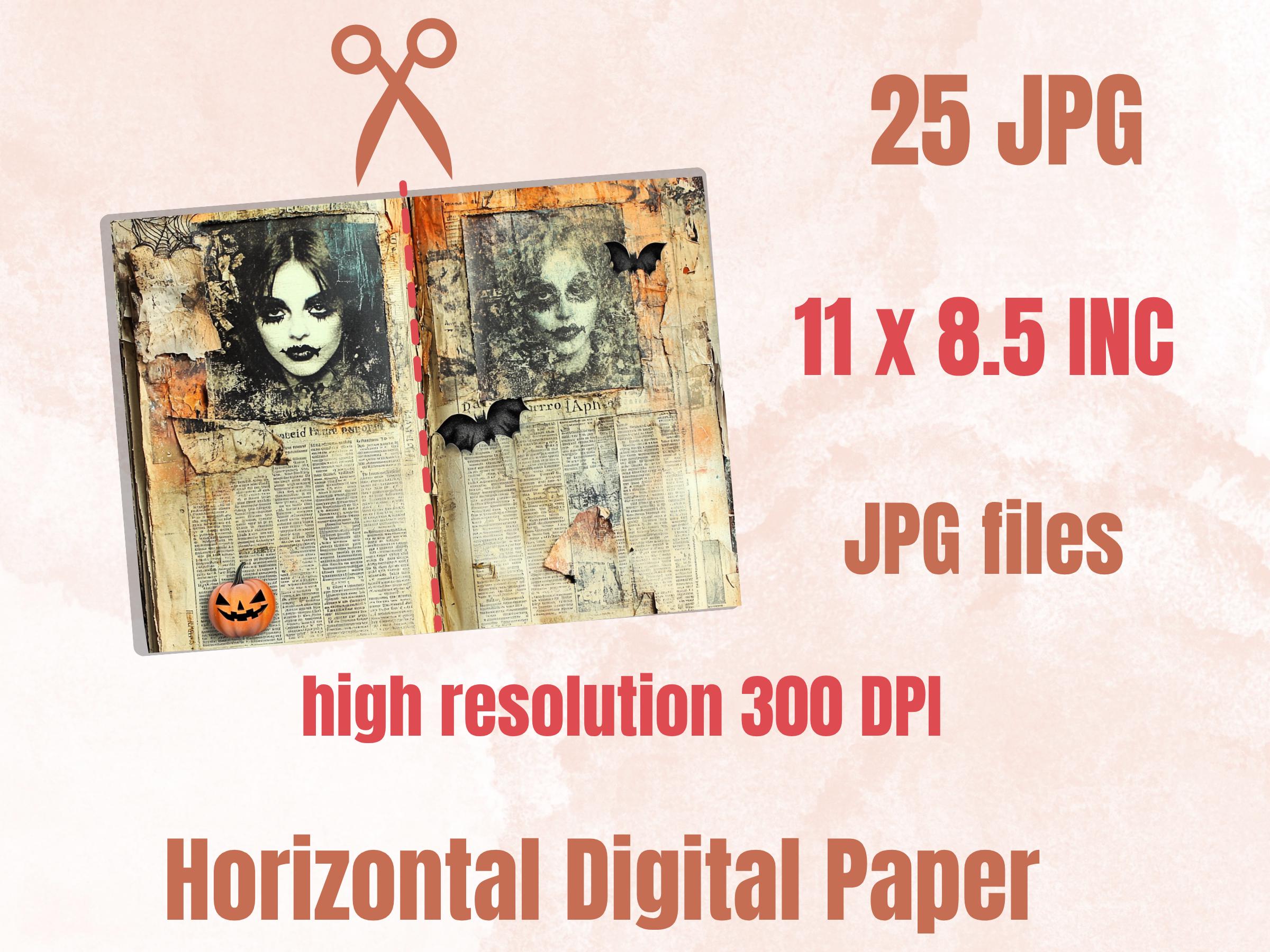 Halloween Newspaper Mixed Media Paper, Spooky Double Pages Ephemera Kit, Halloween Collage Scrapbook Paper, Printable Horizontal Pages