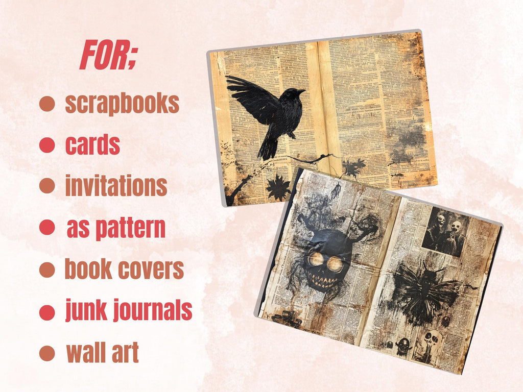 Halloween Newspaper Mixed Media Paper, Spooky Double Pages Ephemera Kit, Halloween Collage Scrapbook Paper, Printable Horizontal Pages