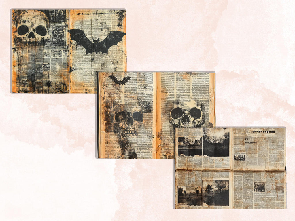 Halloween Newspaper Mixed Media Paper, Spooky Double Pages Ephemera Kit, Halloween Collage Scrapbook Paper, Printable Horizontal Pages