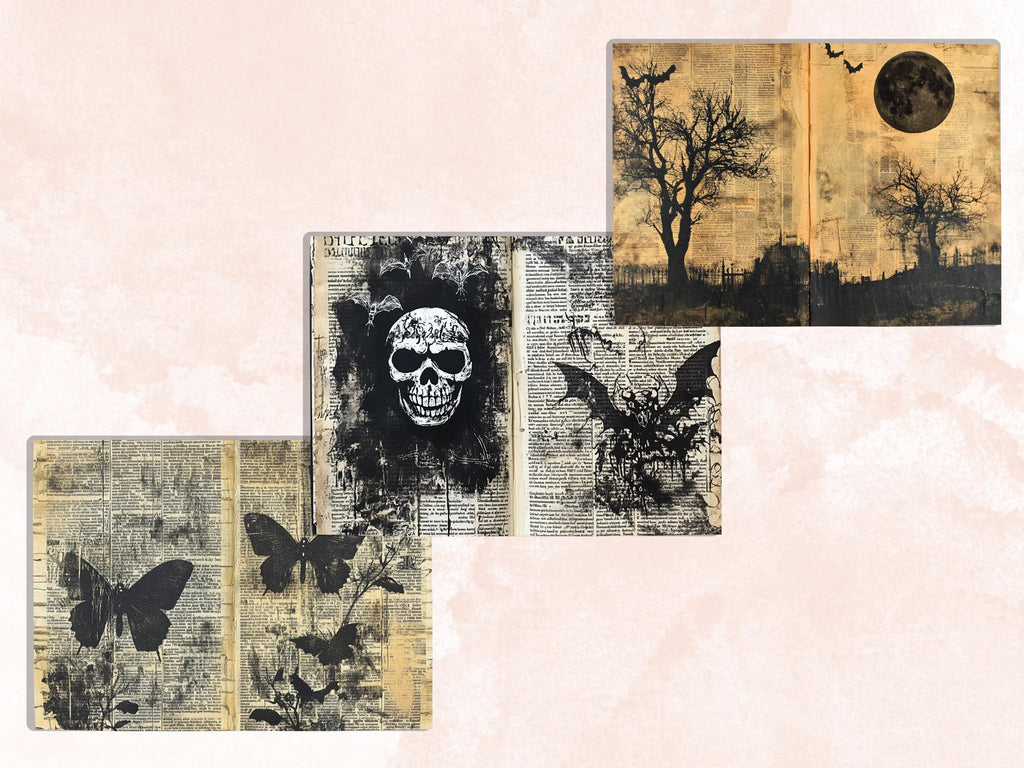 Halloween Newspaper Mixed Media Paper, Spooky Double Pages Ephemera Kit, Halloween Collage Scrapbook Paper, Printable Horizontal Pages