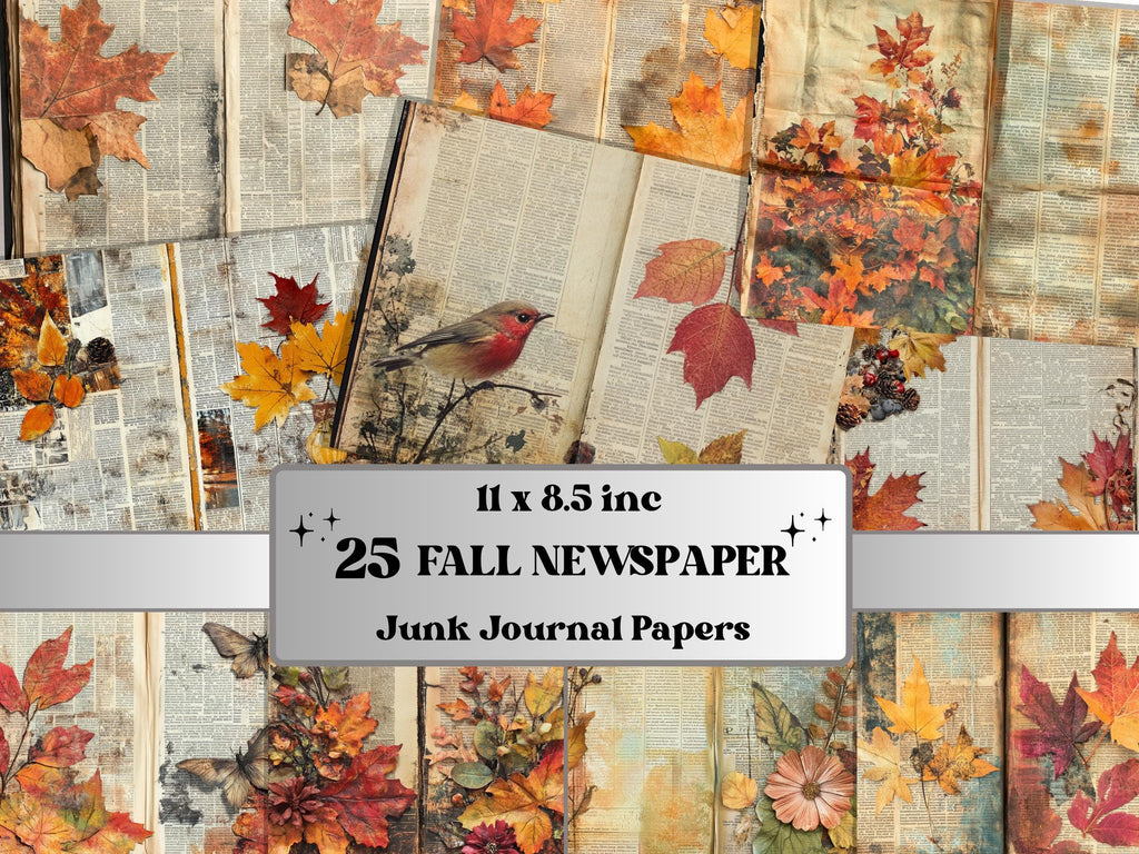 Fall Newspaper Mixed Media Paper, Autumn Forest Pages Ephemera Kit, Fall Textures Collage Scrapbook Paper, Printable Autumn Horizontal Pages