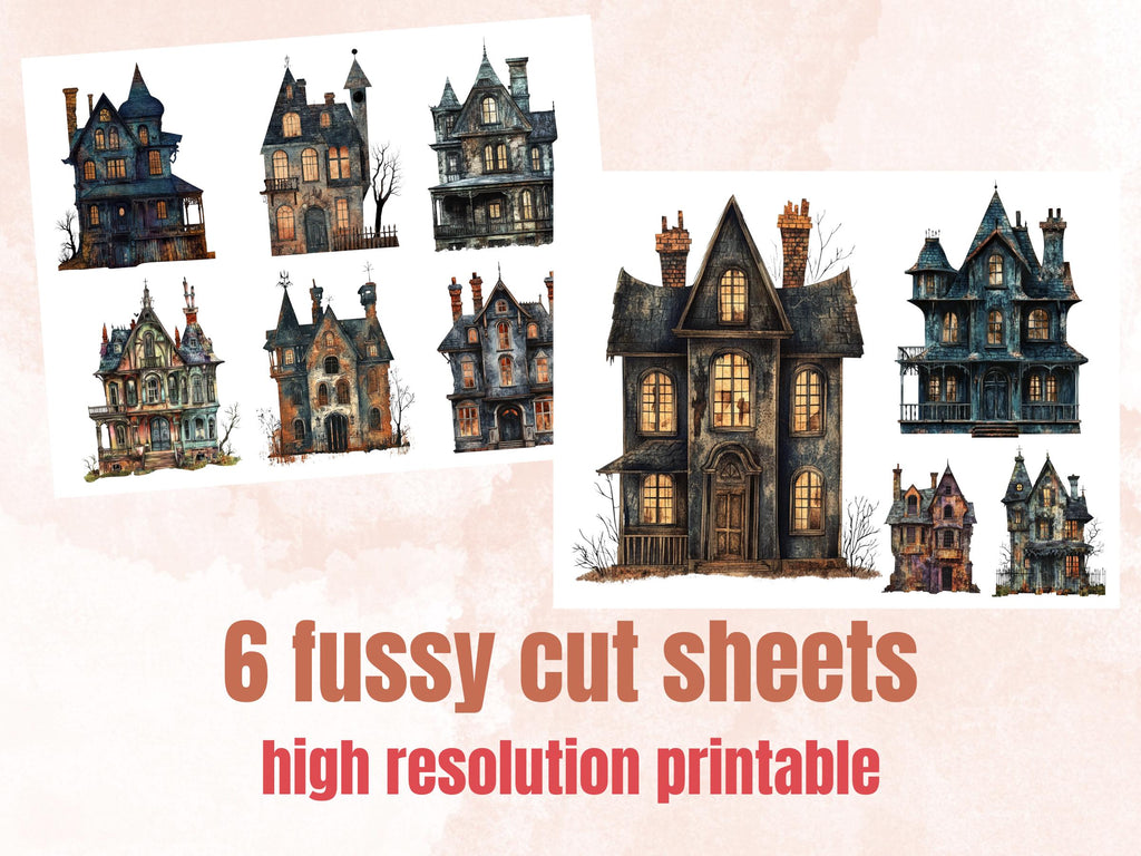 Haunted Mansion Mixed Media Clipart, Spooky Halloween Houses Fussy Cut Collage Sheet, Quirky Cut Out Ephemera, PNG + JPG for Scrapbooking