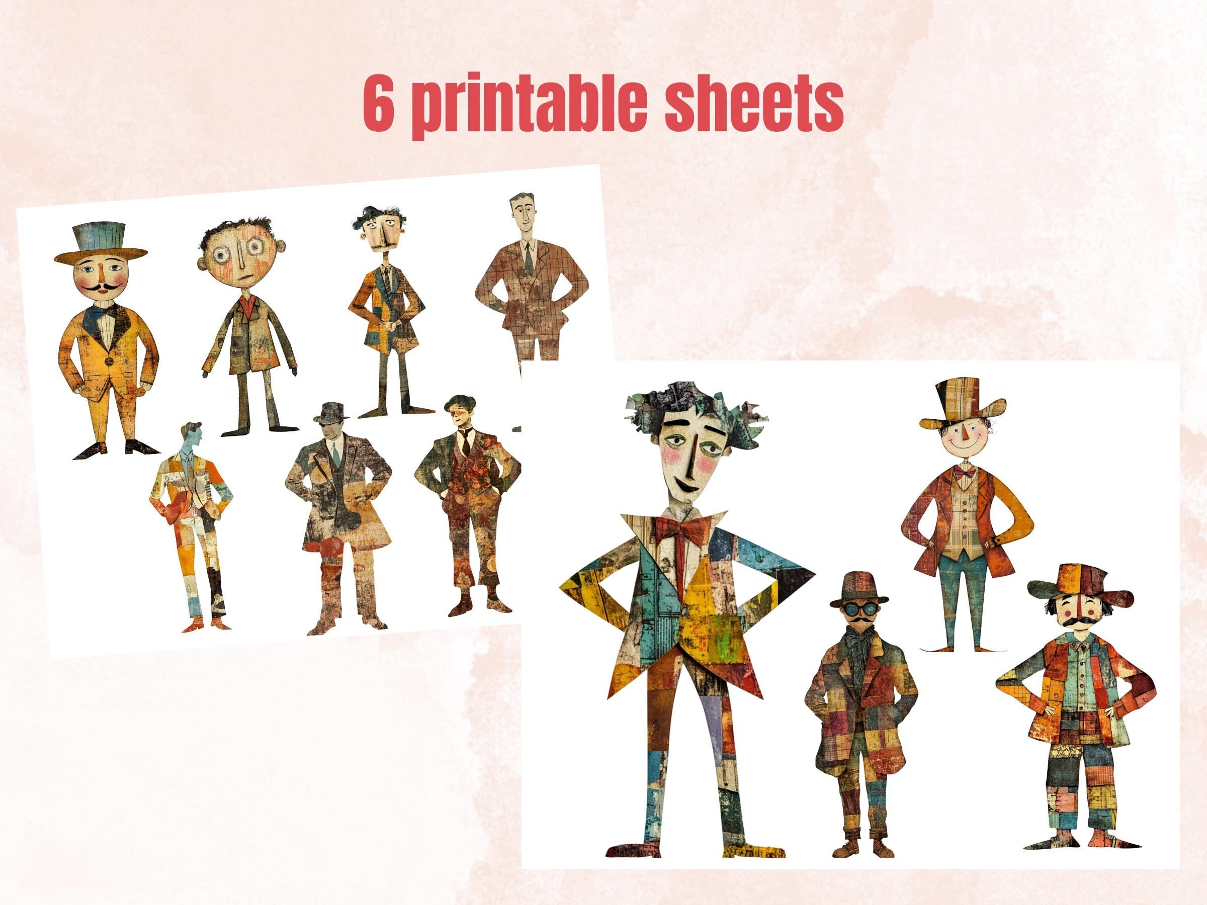 Quirky Retro Man Paper Doll Mixed Media Clipart, Whimsical Man Fussy Cut Collage Sheet, Quirky Cut Out Ephemera, PNG + JPG for Scrapbooking