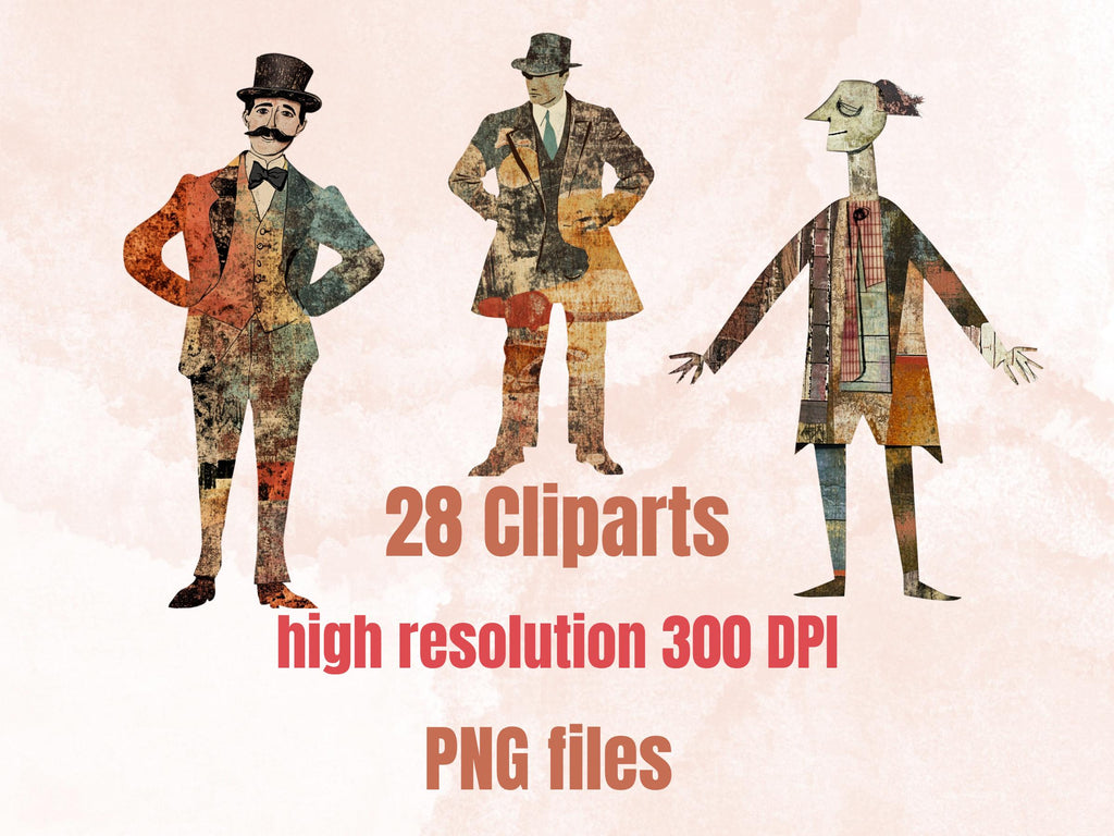Quirky Retro Man Paper Doll Mixed Media Clipart, Whimsical Man Fussy Cut Collage Sheet, Quirky Cut Out Ephemera, PNG + JPG for Scrapbooking