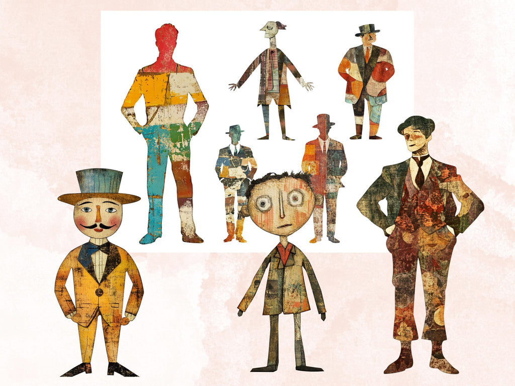 Quirky Retro Man Paper Doll Mixed Media Clipart, Whimsical Man Fussy Cut Collage Sheet, Quirky Cut Out Ephemera, PNG + JPG for Scrapbooking