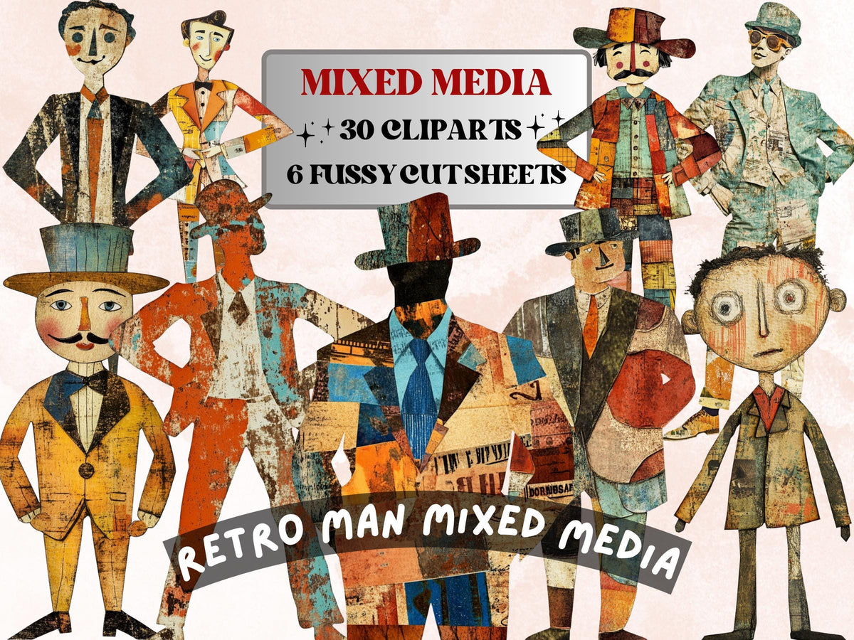 Quirky Retro Man Paper Doll Mixed Media Clipart, Whimsical Man Fussy Cut Collage Sheet, Quirky Cut Out Ephemera, PNG + JPG for Scrapbooking