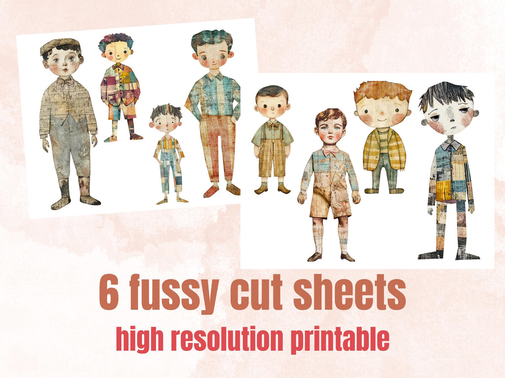 Pastel Boys Paper Doll Mixed Media Clipart, Whimsical Cute Boy Fussy Cut Collage Sheet, Quirky Cut Out Ephemera, PNG + JPG for Scrapbooking