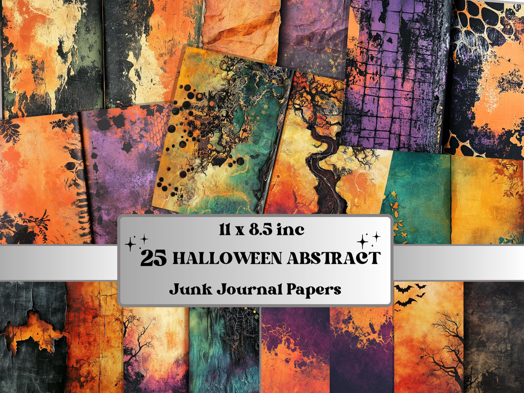 Abstract Halloween Mixed Media Paper, Abstract Textures Pages Ephemera Kit, Halloween Collage Scrapbook Paper, Printable Horizontal Pages