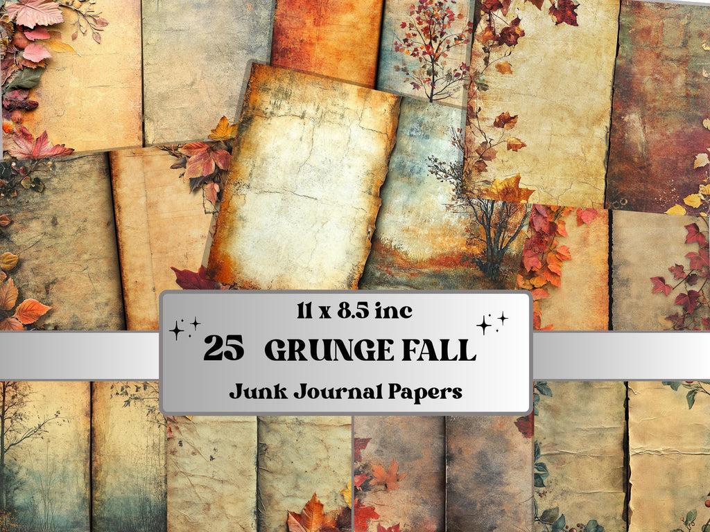 Grunge Fall Mixed Media Paper, Autumn Pages Ephemera Kit, Vintage Grunge Textures Collage Scrapbook Paper, Printable Autumn Horizontal Pages