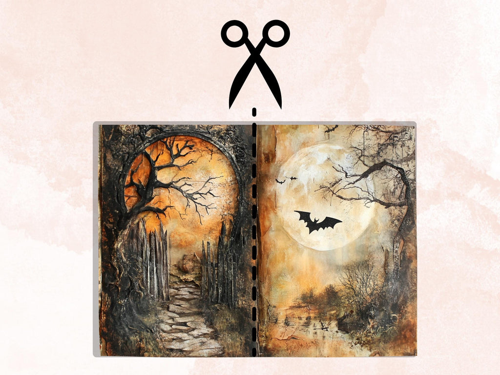 Halloween Mixed Media Paper, Spooky Textures Pages Ephemera Kit, Creepy Halloween Collage Scrapbook Paper, Printable Horror Double Pages