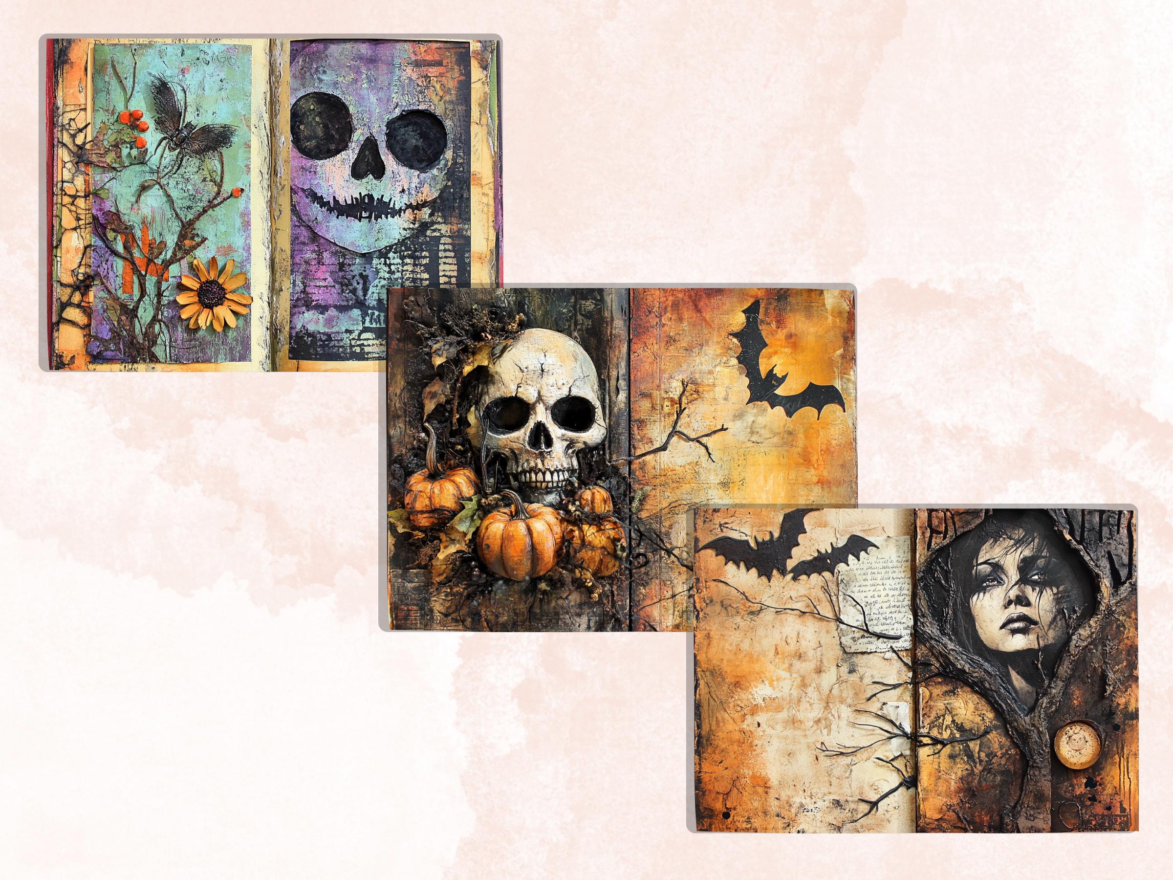 Halloween Mixed Media Paper, Spooky Textures Pages Ephemera Kit, Creepy Halloween Collage Scrapbook Paper, Printable Horror Double Pages