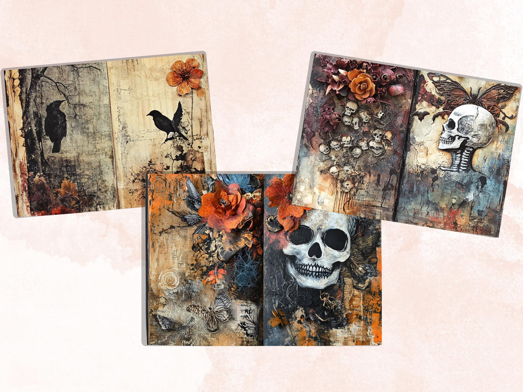 Halloween Mixed Media Paper, Spooky Textures Pages Ephemera Kit, Creepy Halloween Collage Scrapbook Paper, Printable Horror Double Pages