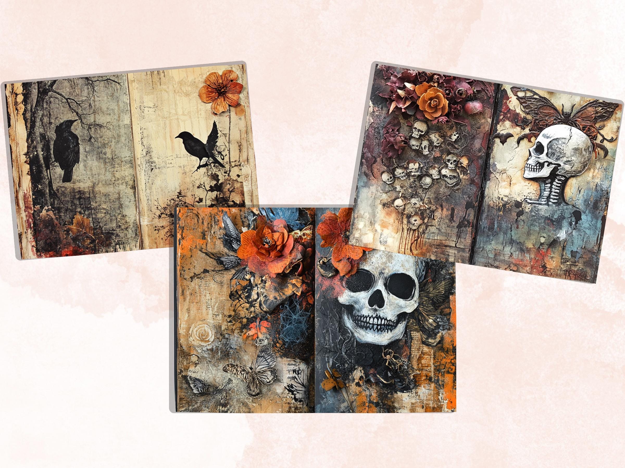 Halloween Mixed Media Paper, Spooky Textures Pages Ephemera Kit, Creepy Halloween Collage Scrapbook Paper, Printable Horror Double Pages