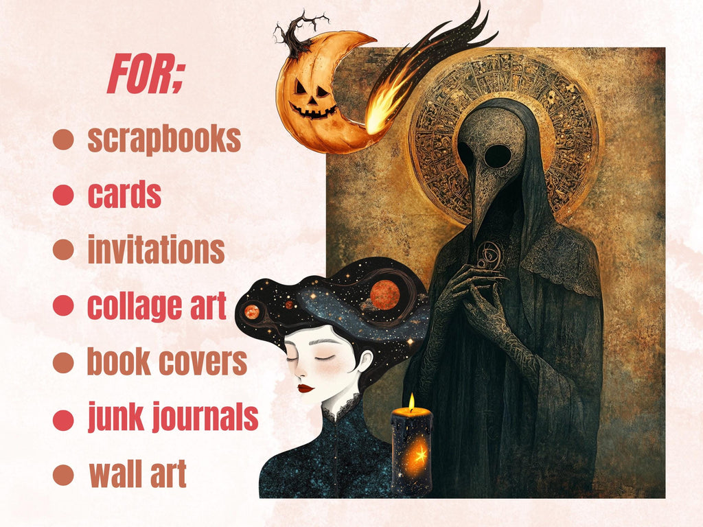 Celestial Halloween Collage Elements Bundle, Witchy Cosmic Fussy Cut, Quirky Spooky Sky Clipart, Whimsy Junk Journal, Mixed Media Sheet