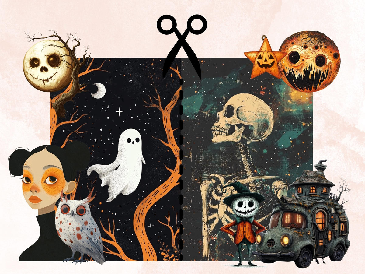 Celestial Halloween Collage Elements Bundle, Witchy Cosmic Fussy Cut, Quirky Spooky Sky Clipart, Whimsy Junk Journal, Mixed Media Sheet