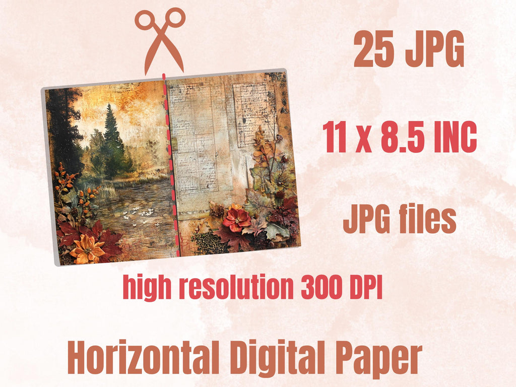 Fall Mixed Media Paper, Autumn Craft Pages Ephemera Kit, Whimsical Fall Textures Collage Scrapbook Paper, Printable Autumn Horizontal Pages