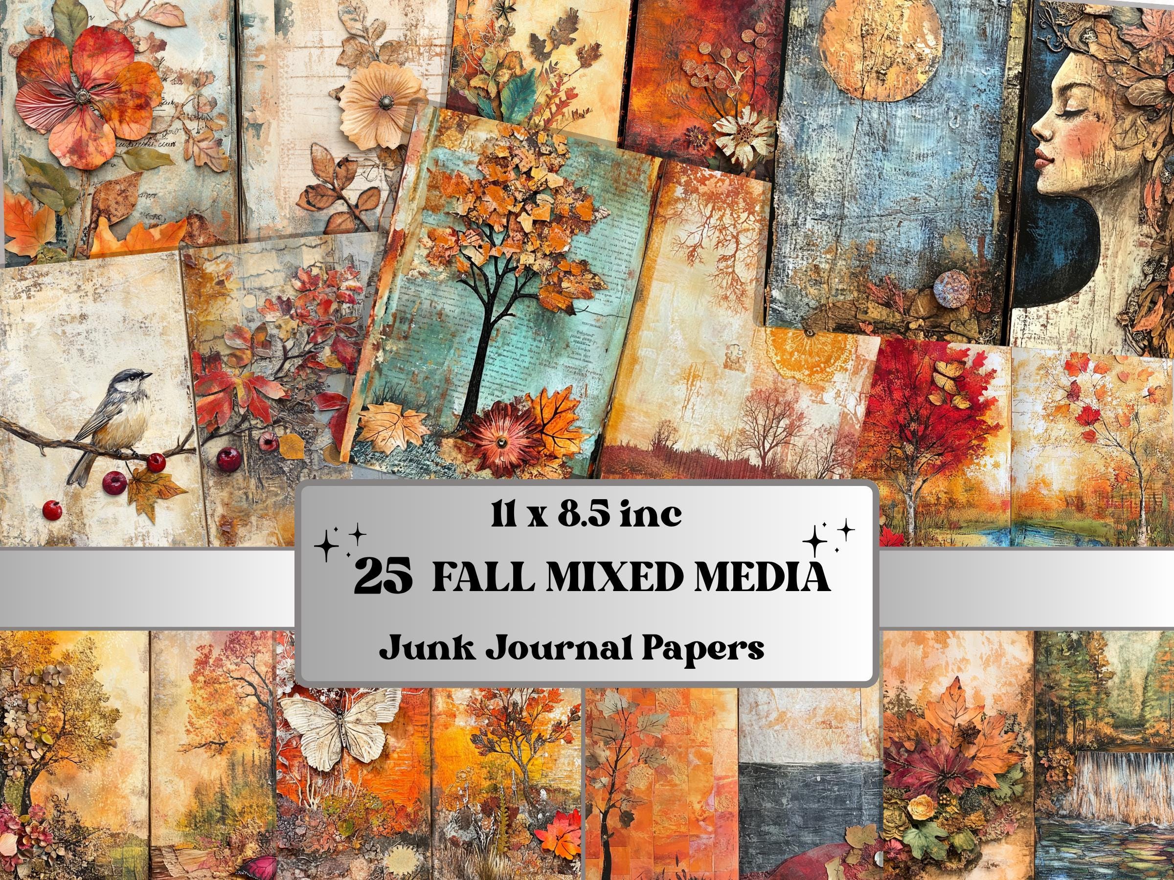 Fall Mixed Media Paper, Autumn Craft Pages Ephemera Kit, Whimsical Fall Textures Collage Scrapbook Paper, Printable Autumn Horizontal Pages