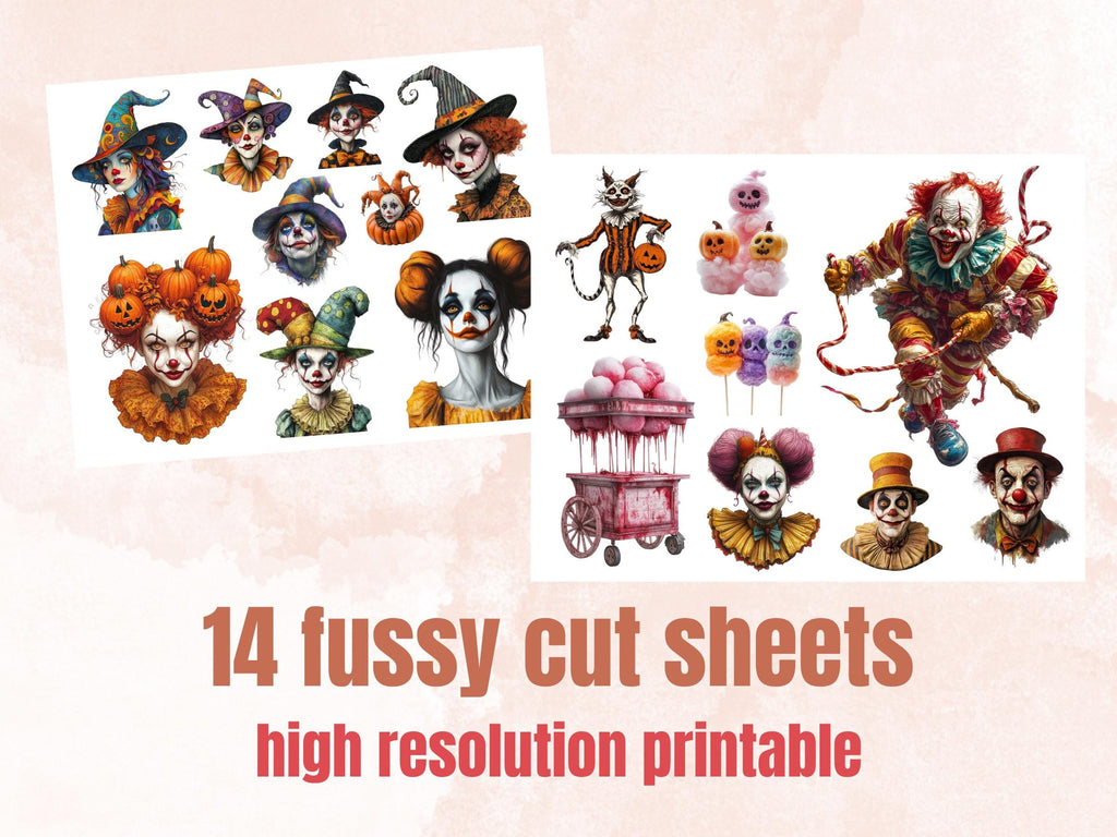 Halloween Circus Collage Elements Bundle, Creepy Circus Fussy Cut, Quirky Spooky Carnival Clipart, Whimsy Junk Journal, Mixed Media Sheet