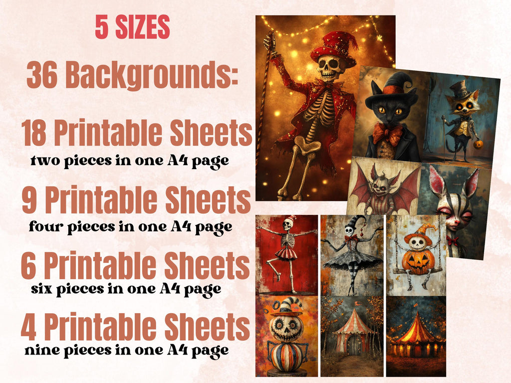 Halloween Circus Collage Elements Bundle, Creepy Circus Fussy Cut, Quirky Spooky Carnival Clipart, Whimsy Junk Journal, Mixed Media Sheet