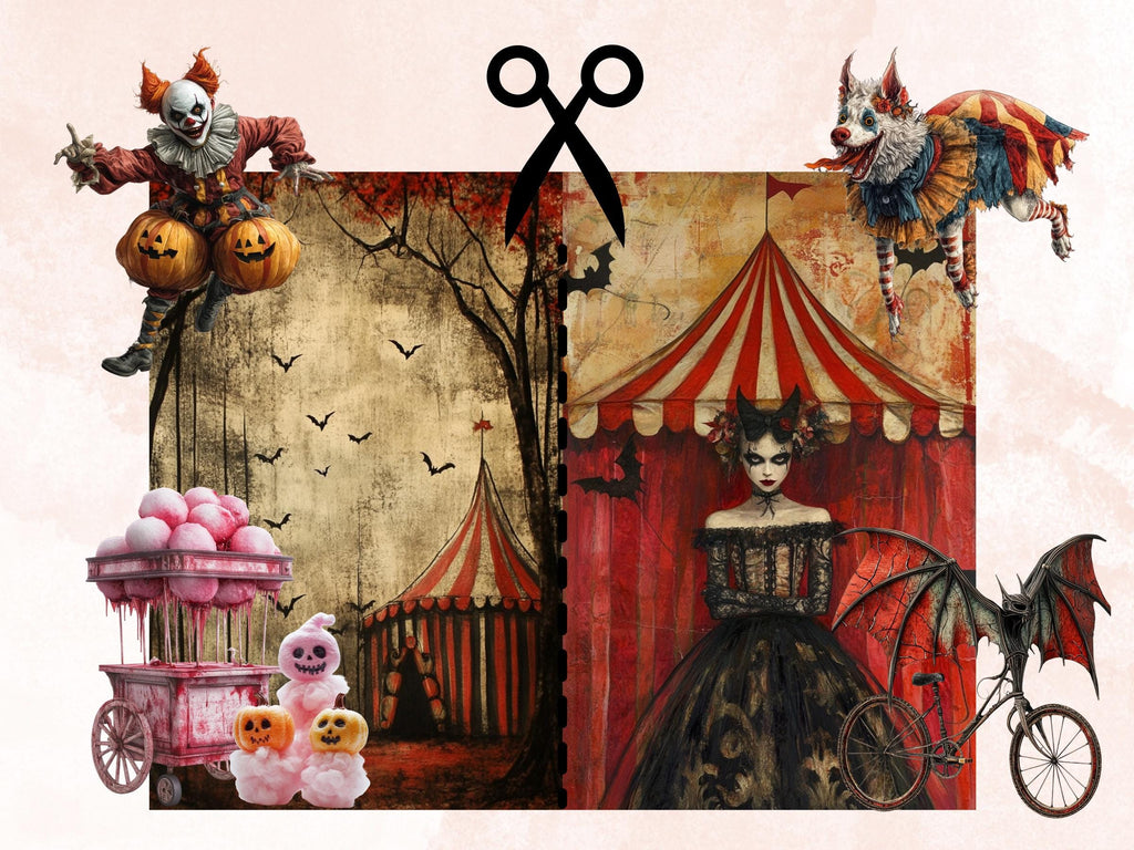 Halloween Circus Collage Elements Bundle, Creepy Circus Fussy Cut, Quirky Spooky Carnival Clipart, Whimsy Junk Journal, Mixed Media Sheet