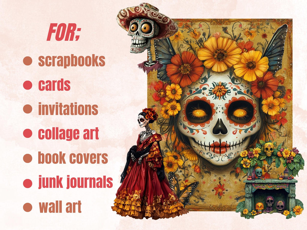 Día de Los Muertos Collage Elements Bundle, Day of the Dead Fussy Cut, Sugar La Catrina Clipart, Whimsical Junk Journal, Mixed Media Sheet