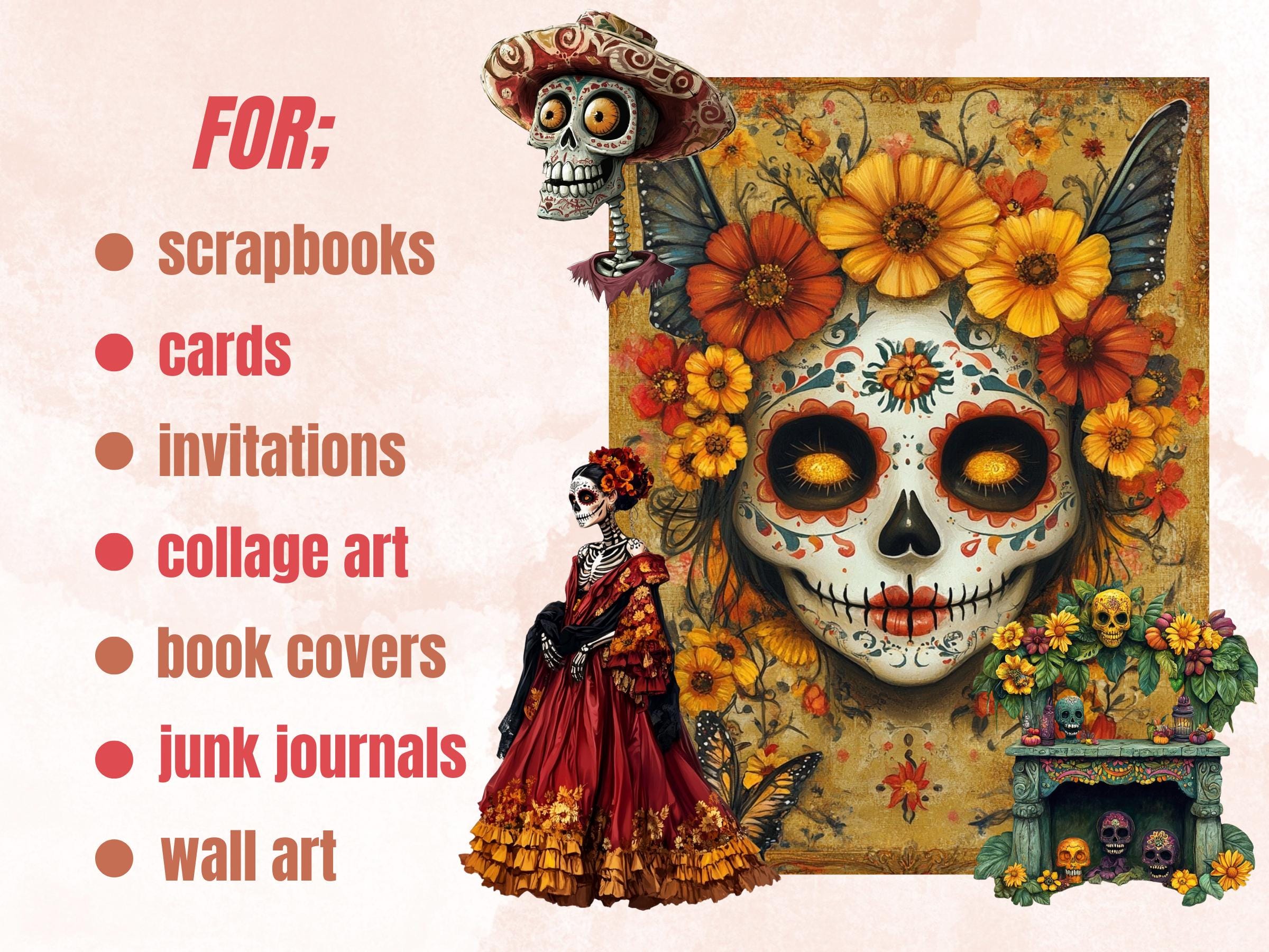 Día de Los Muertos Collage Elements Bundle, Day of the Dead Fussy Cut, Sugar La Catrina Clipart, Whimsical Junk Journal, Mixed Media Sheet