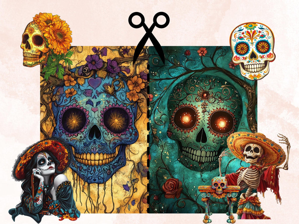 Día de Los Muertos Collage Elements Bundle, Day of the Dead Fussy Cut, Sugar La Catrina Clipart, Whimsical Junk Journal, Mixed Media Sheet