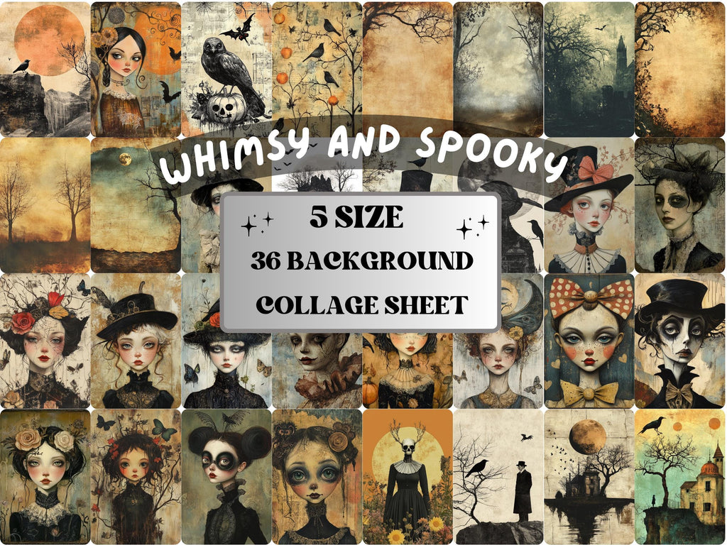 Whimsy Spooky Collage Paper, Quirky Halloween Mixed Media Sheet, Whimsical Ephemera Images, Quirky Junk Journal, Horror Scrapbook Paper