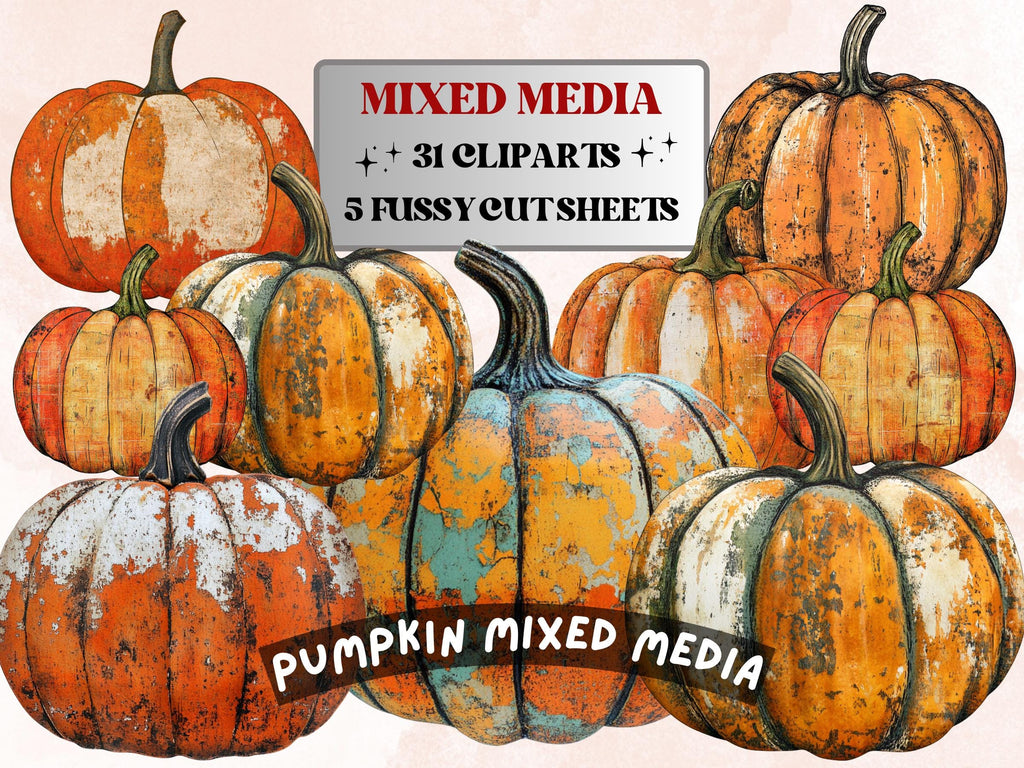 Autumn Pumpkin Mixed Media Clipart, Whimsical Fall Pumpkin Fussy Cut Collage Sheet, Quirky Cut Out Ephemera, PNG + JPG for Fall Scrapbooking