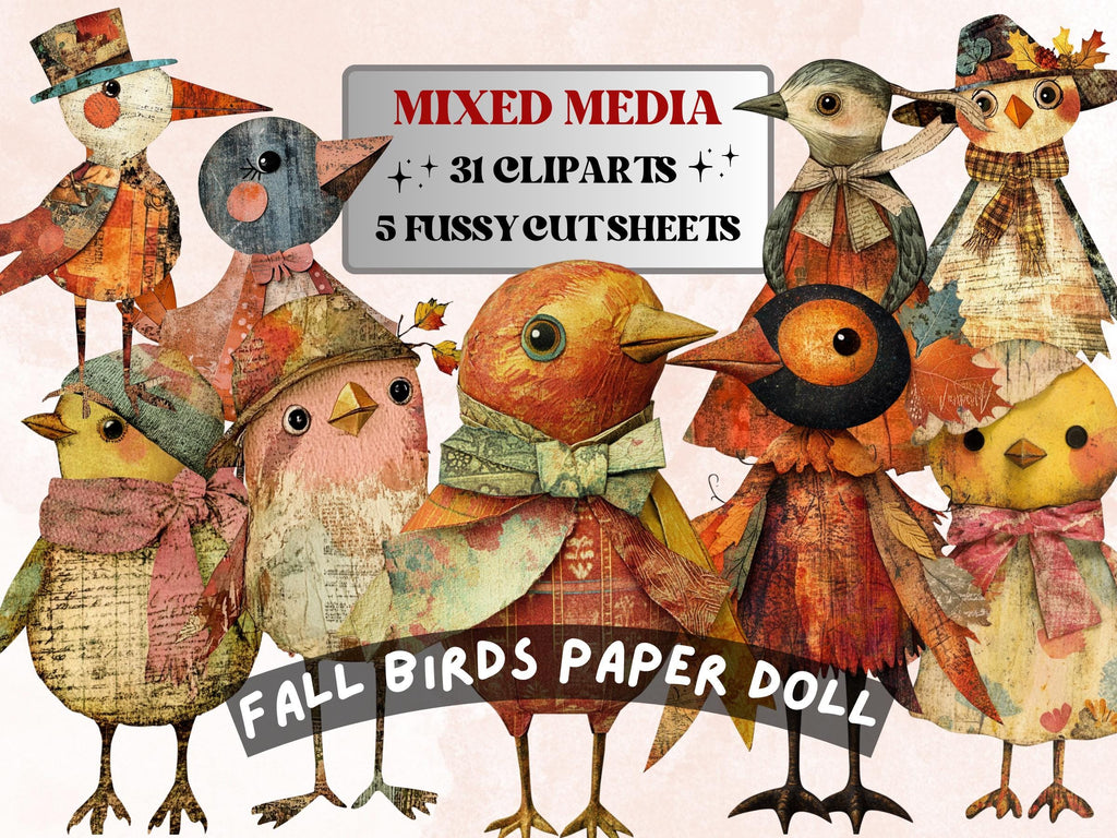 Fall Birds Paper Doll Mixed Media Clipart, Whimsy Autumn Bird Fussy Cut Collage Sheet, Quirky Cut Out Ephemera, Grunge Texture for Scrapbook