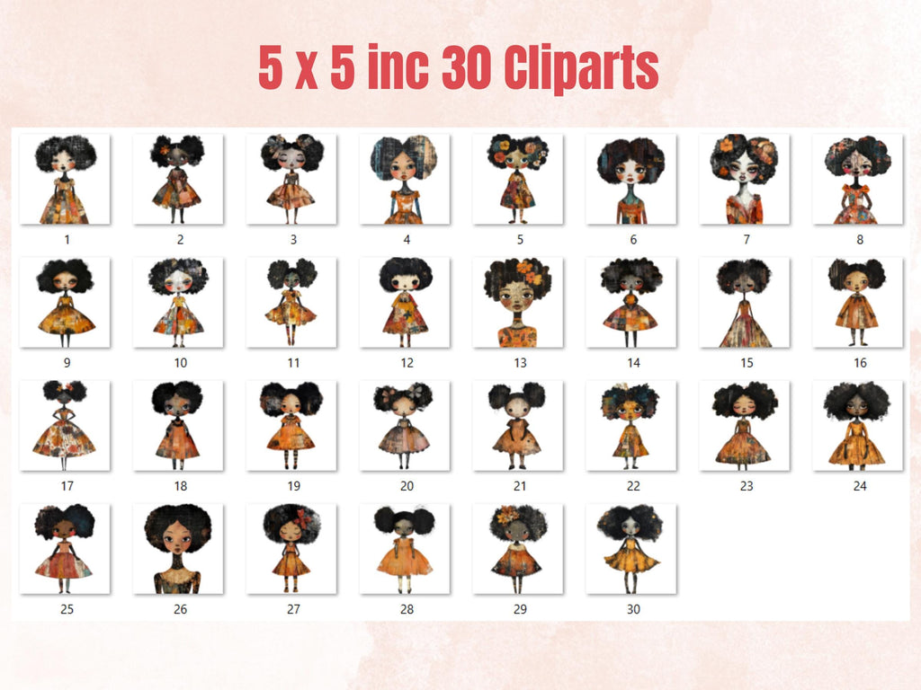 Autumn Afros Paper Doll Mixed Media Clipart, Fall Black Girl Fussy Cut Collage Sheet, Quirky Cut Out Ephemera, PNG + JPG for Scrapbooking