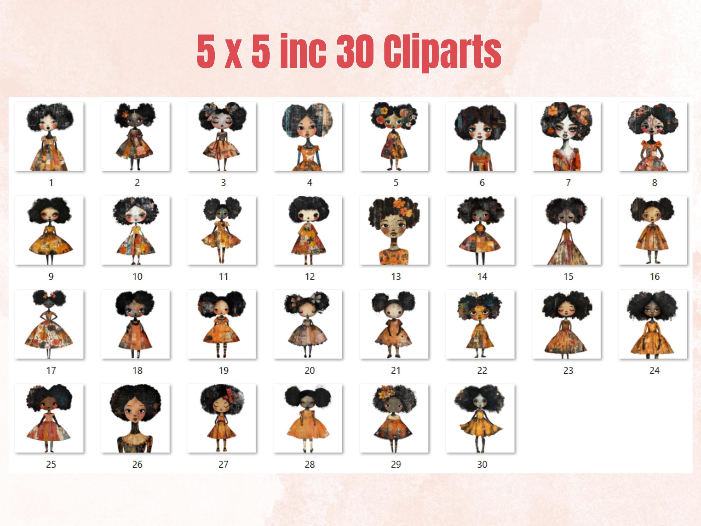 Autumn Afros Paper Doll Mixed Media Clipart, Fall Black Girl Fussy Cut Collage Sheet, Quirky Cut Out Ephemera, PNG + JPG for Scrapbooking