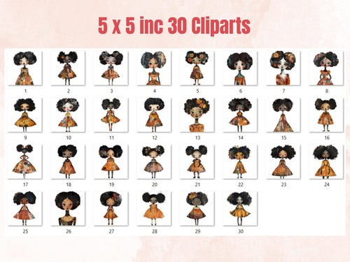 Autumn Afros Paper Doll Mixed Media Clipart, Fall Black Girl Fussy Cut Collage Sheet, Quirky Cut Out Ephemera, PNG + JPG for Scrapbooking